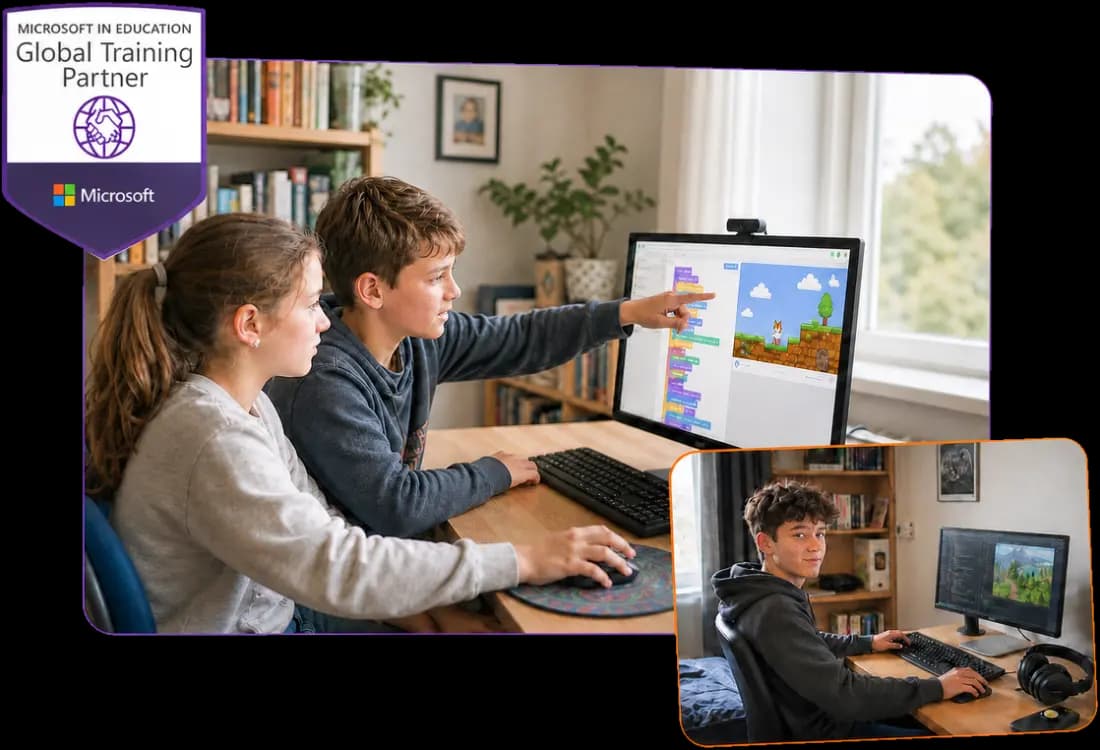 Djalë i buzëqeshur përpara laptopit pas mësimeve të suksesshme të kursit të programimit